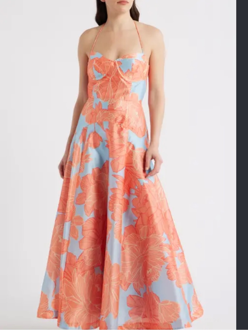 HUTCH Saige Floral Halter Maxi Dress in Coral and Light Blue